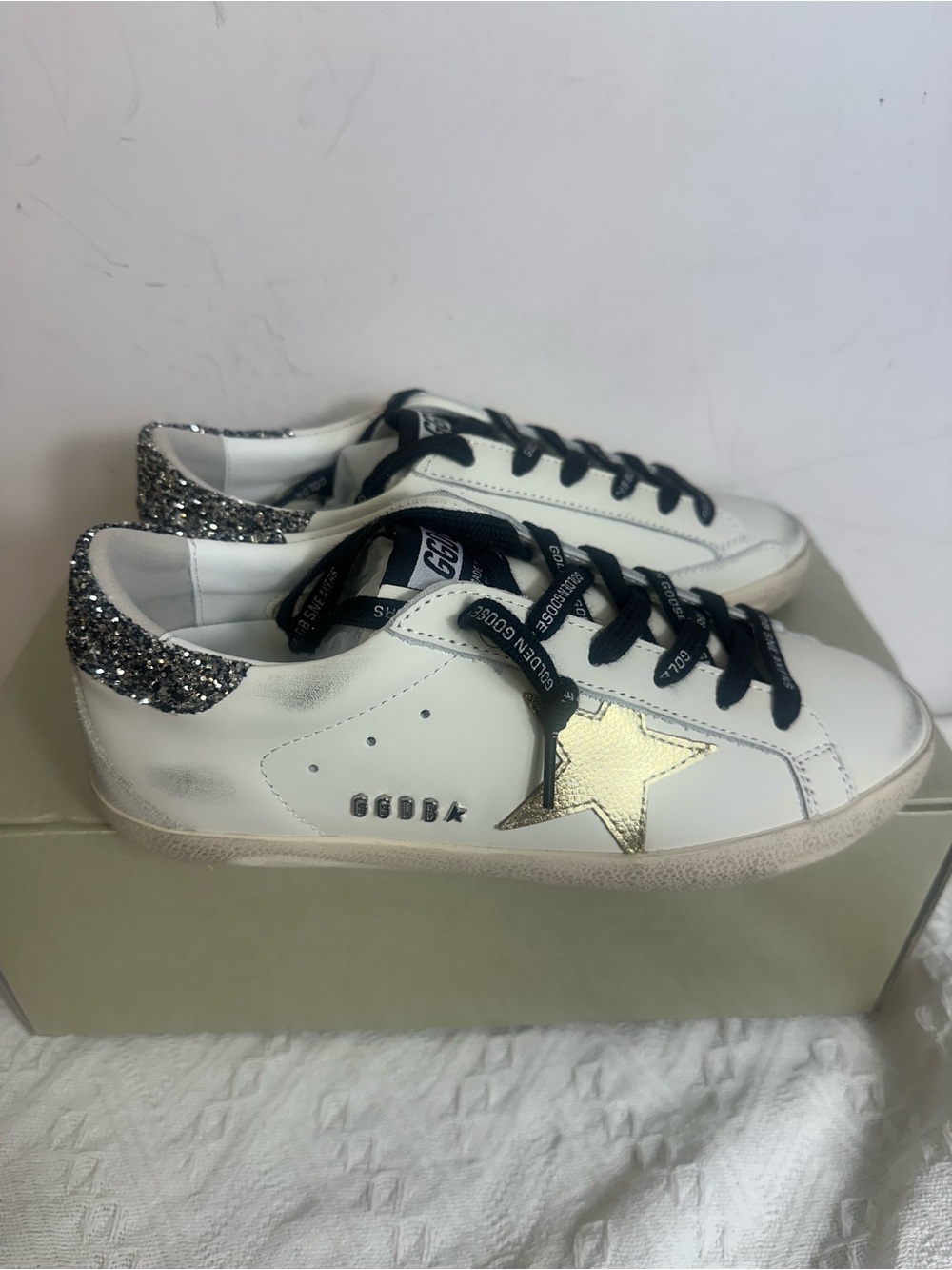 NiceGolden Goose White Sneakers with Gold Star & Silver Glitter Heel